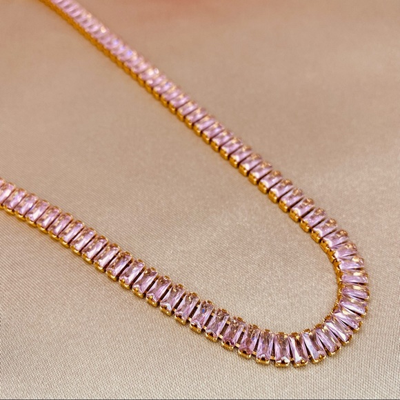 18K Gold Baguette Pastel Pink High Polished Zircon Choker Necklace - Picture 4 of 10